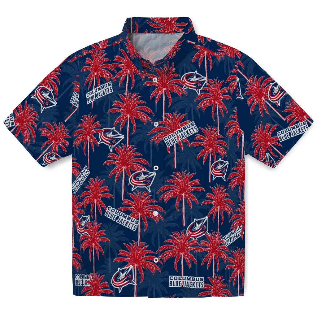 Columbus Blue Jackets Hawaiian Shirt - Palm Tree Motif columbus blue jackets palm grove navy blue hawaiian shirts best selling