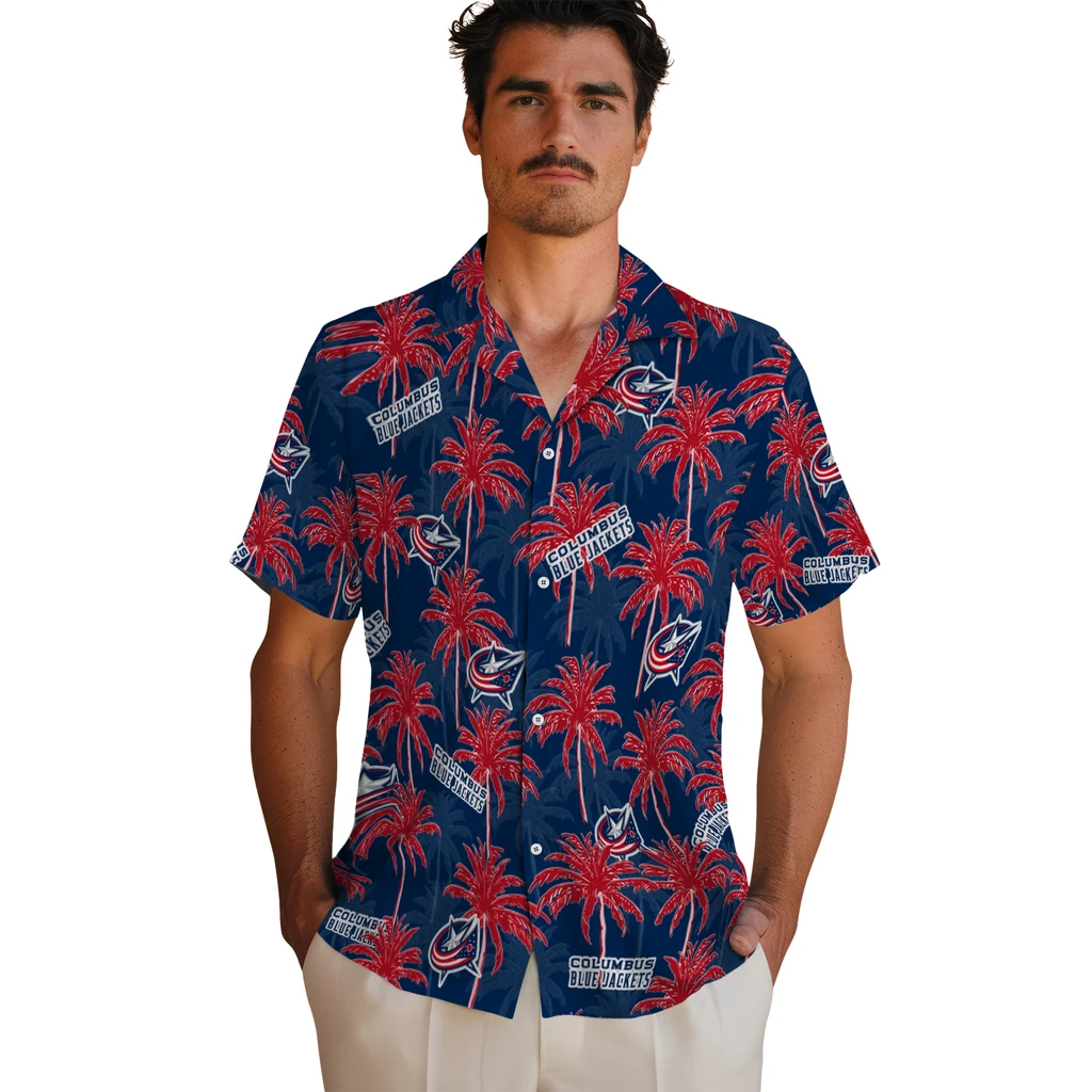 Columbus Blue Jackets Hawaiian Shirt - Palm Tree Motif columbus blue jackets palm grove navy blue hawaiian shirts fashion forward