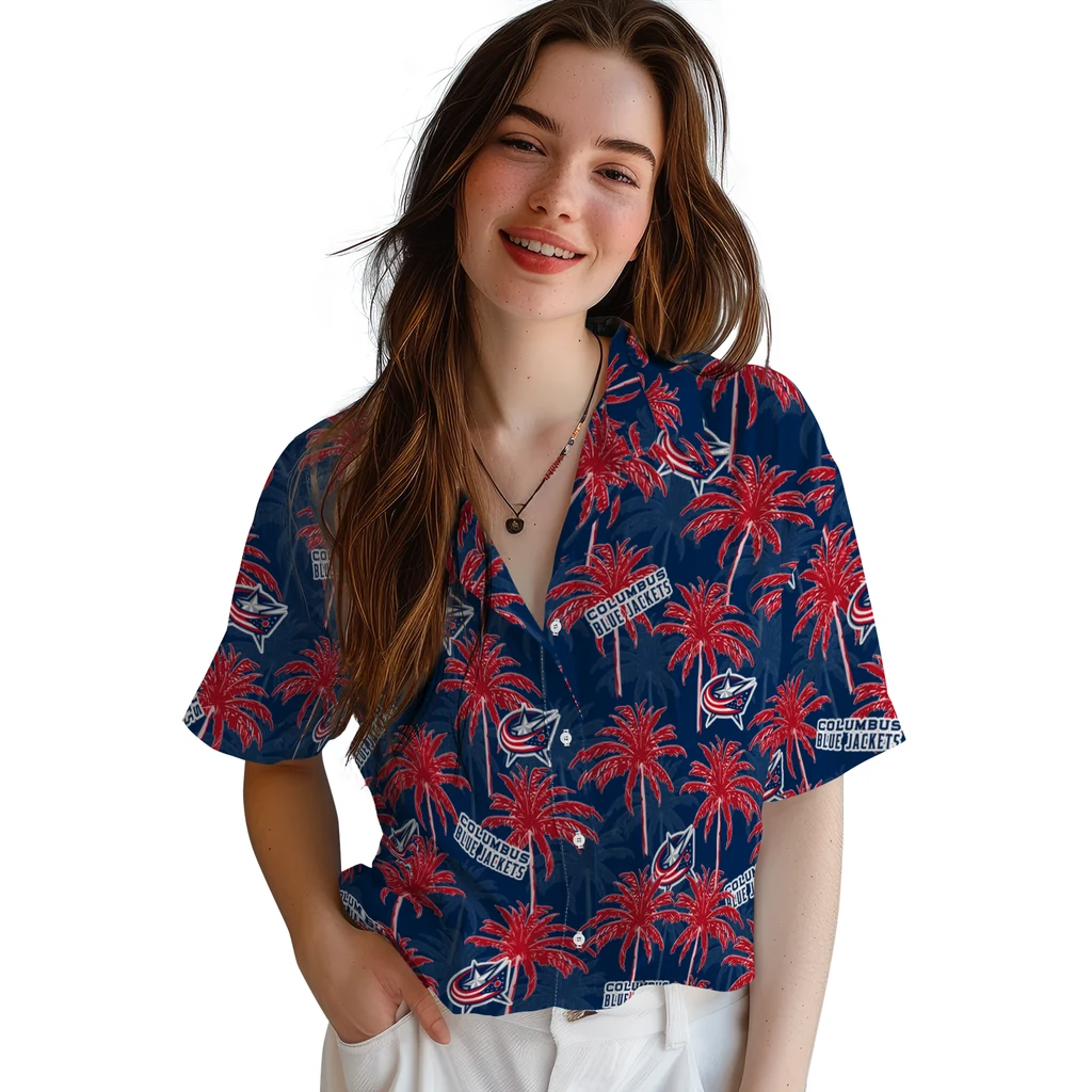 Columbus Blue Jackets Hawaiian Shirt - Palm Tree Motif columbus blue jackets palm grove navy blue hawaiian shirts latest model