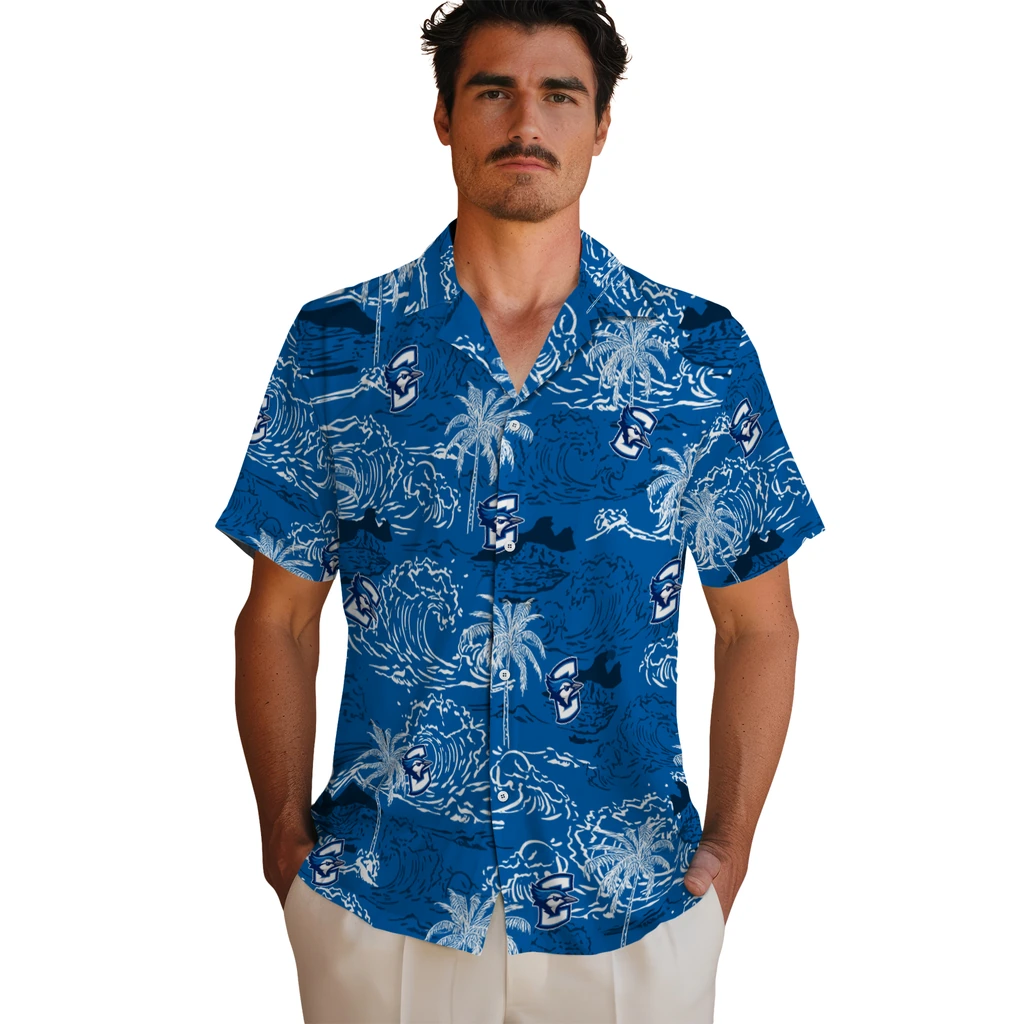 Creighton Bluejays Hawaiian Shirt - Wave Palm creighton bluejays wave palm blue hawaiian shirts fashion forward