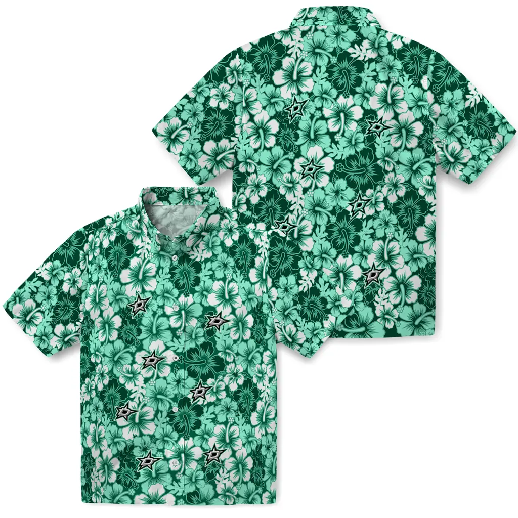 Dallas Stars Hawaiian Shirt - Hibiscus Blooms dallas stars hibiscus blooms green hawaiian shirts high quality