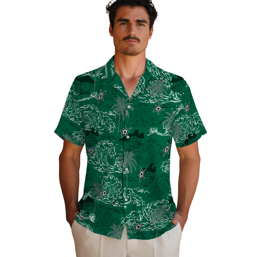 Dallas Stars Hawaiian Shirt - Wave Palm dallas stars wave palm green hawaiian shirts fashion forward