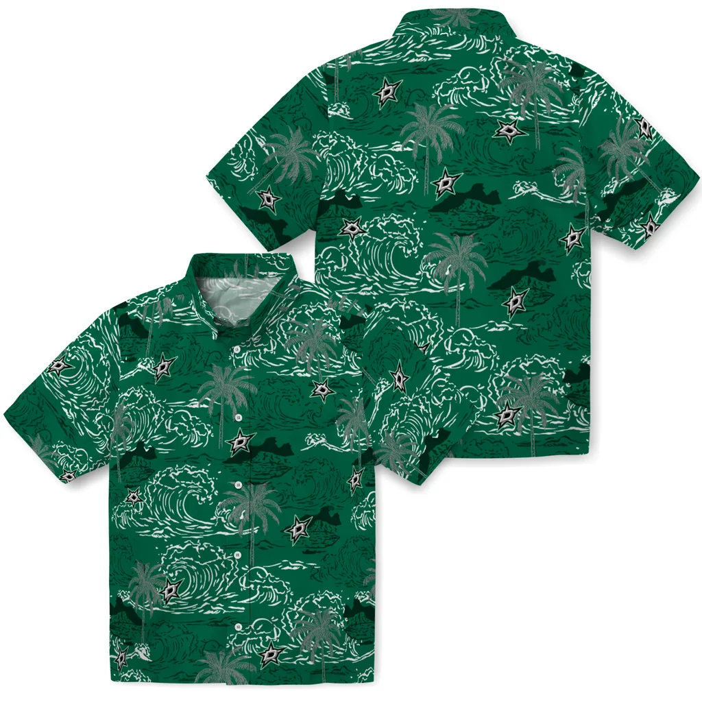 Dallas Stars Hawaiian Shirt - Wave Palm dallas stars wave palm green hawaiian shirts high quality