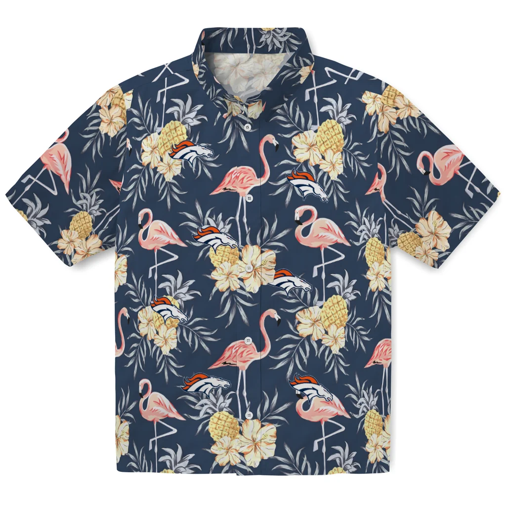 Denver Broncos Hawaiian Shirt - Flamingo Hibiscus denver broncos flamingo hibiscus navy hawaiian shirts best selling