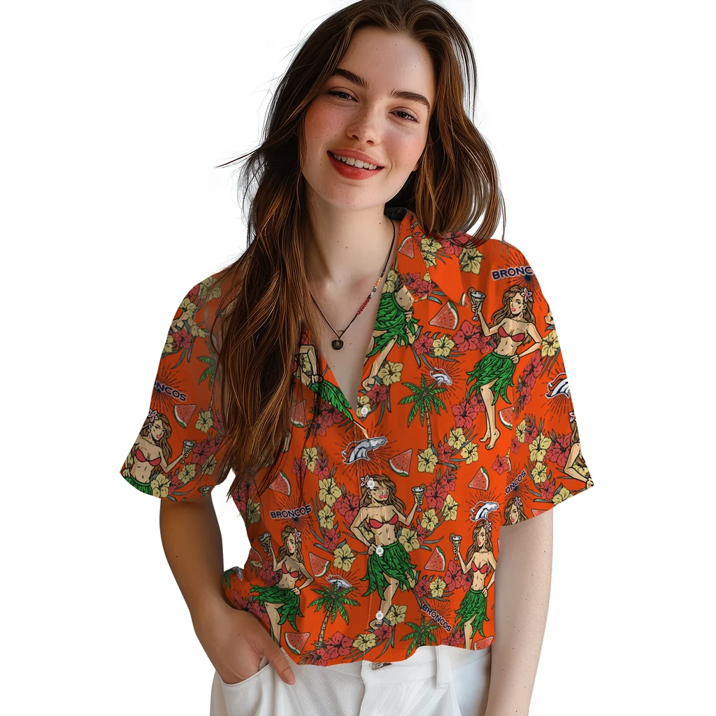 Denver Broncos Hawaiian Shirt - Hawaiian Girls Design denver broncos hawaiian girls design orange hawaiian shirts latest model