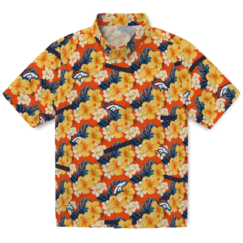 Denver Broncos Hawaiian Shirt - Hibiscus Tropics denver broncos hibiscus tropics orange yellow hawaiian shirts best selling