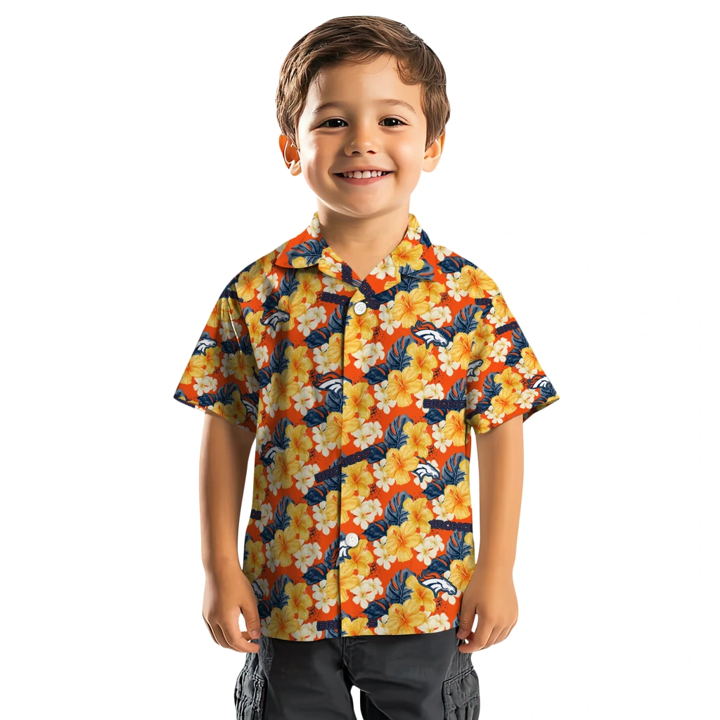 Denver Broncos Hawaiian Shirt - Hibiscus Tropics denver broncos hibiscus tropics orange yellow hawaiian shirts top rated