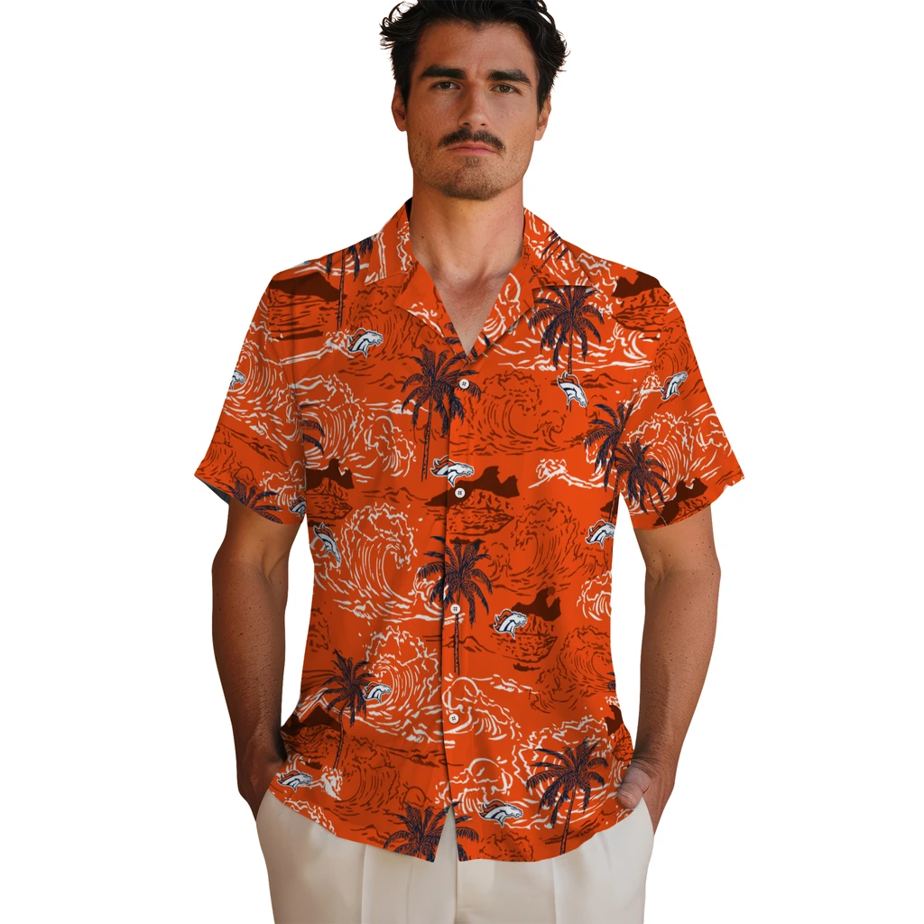 Denver Broncos Hawaiian Shirt - Wave Palm denver broncos wave palm orange hawaiian shirts fashion forward