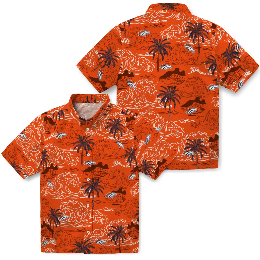 Denver Broncos Hawaiian Shirt - Wave Palm denver broncos wave palm orange hawaiian shirts high quality