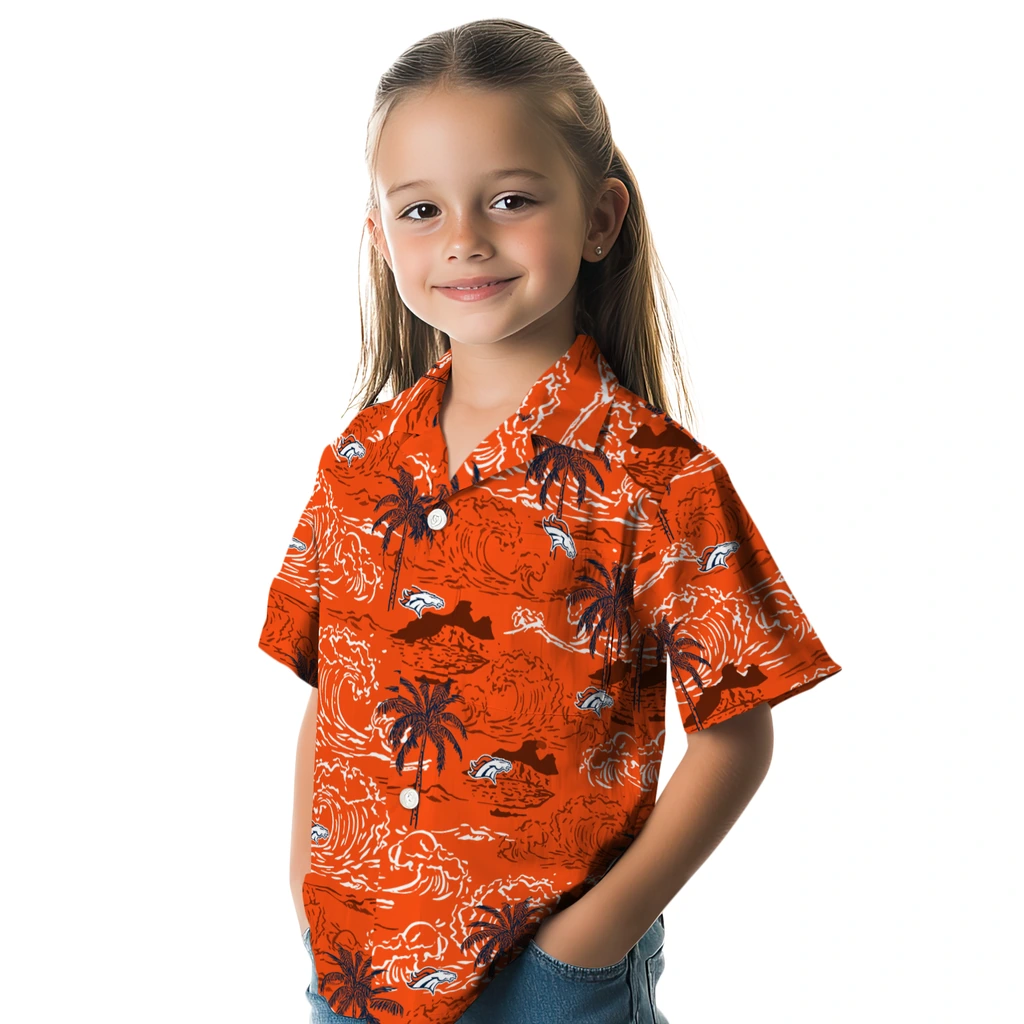 Denver Broncos Hawaiian Shirt - Wave Palm denver broncos wave palm orange hawaiian shirts premium grade