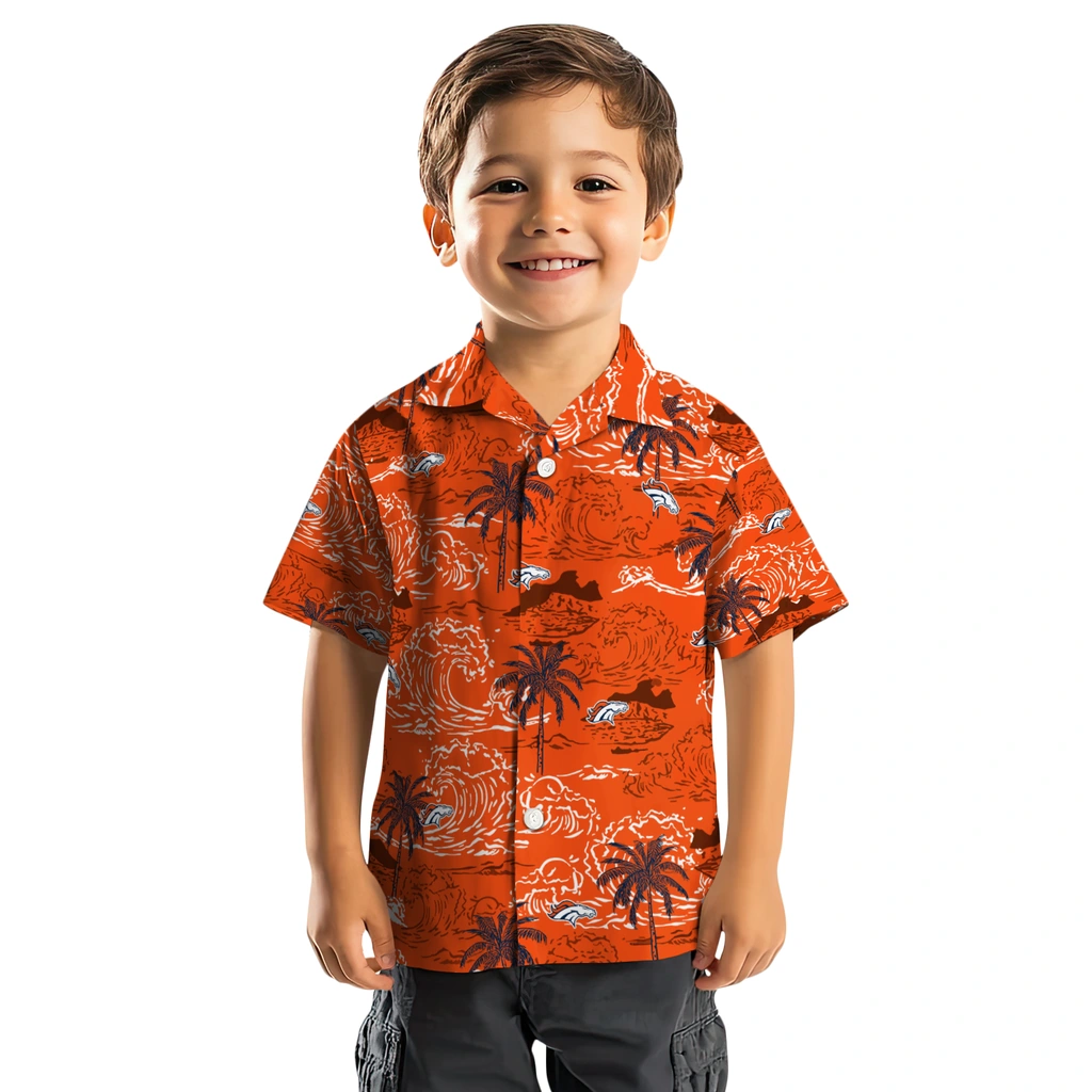 Denver Broncos Hawaiian Shirt - Wave Palm denver broncos wave palm orange hawaiian shirts top rated