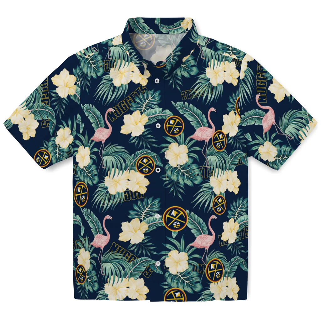 Denver Nuggets Hawaiian Shirt - Flamingo and Hibiscus denver nuggets flamingo palms blue hawaiian shirts best selling
