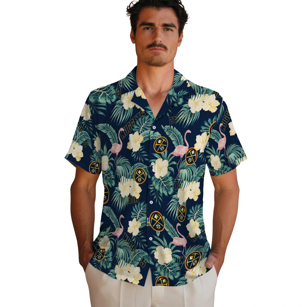 Denver Nuggets Hawaiian Shirt - Flamingo and Hibiscus denver nuggets flamingo palms blue hawaiian shirts fashion forward