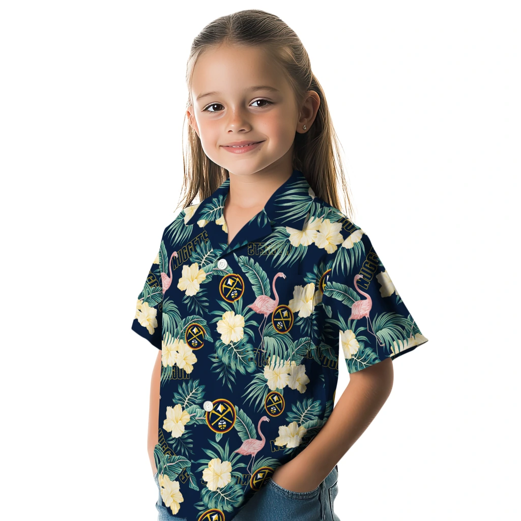 Denver Nuggets Hawaiian Shirt - Flamingo and Hibiscus denver nuggets flamingo palms blue hawaiian shirts premium grade