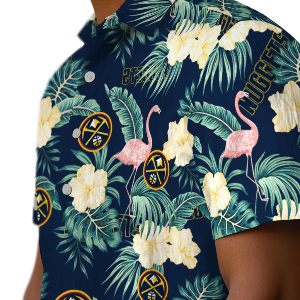 Denver Nuggets Hawaiian Shirt - Flamingo and Hibiscus denver nuggets flamingo palms blue hawaiian shirts trendy