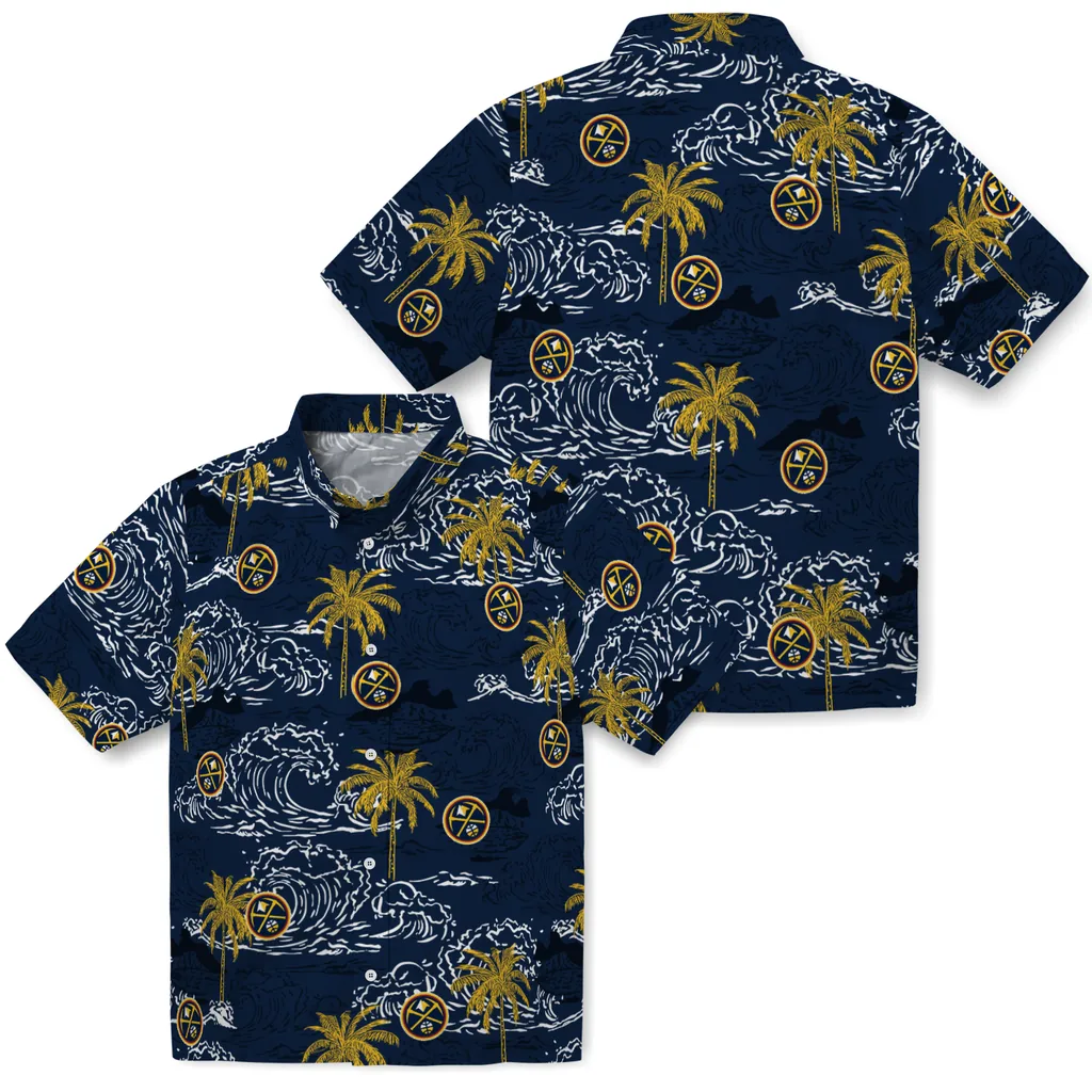 Denver Nuggets Hawaiian Shirt - Wave Palm denver nuggets wave palm blue hawaiian shirts high quality