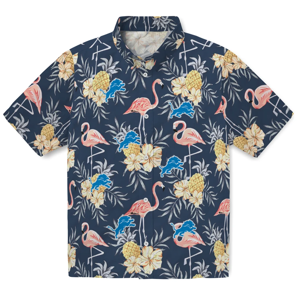 Detroit Lions Hawaiian Shirt - Flamingo Hibiscus detroit lions flamingo hibiscus navy hawaiian shirts best selling