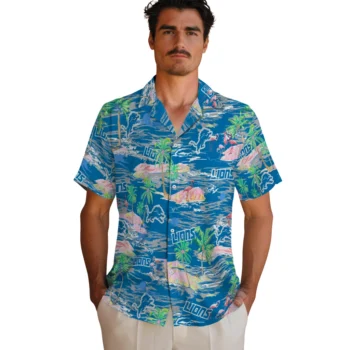 detroit lions flamingo retreat blue hawaiian shirts fashion forward