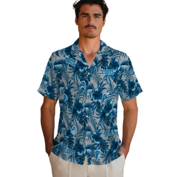detroit lions hibiscus exotic blue hawaiian shirts fashion forward