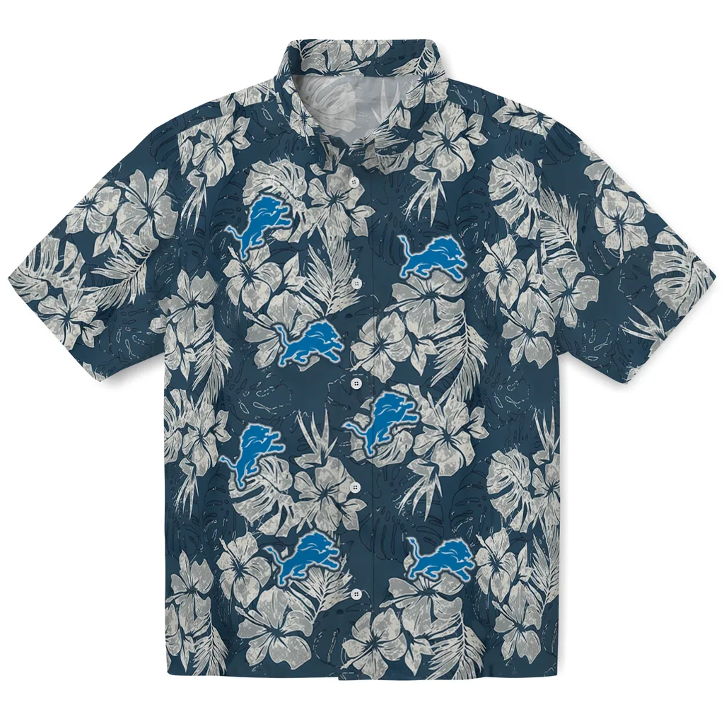 Detroit Lions Hawaiian Shirt - Hibiscus Flowers detroit lions hibiscus flowers navy blue hawaiian shirts best selling
