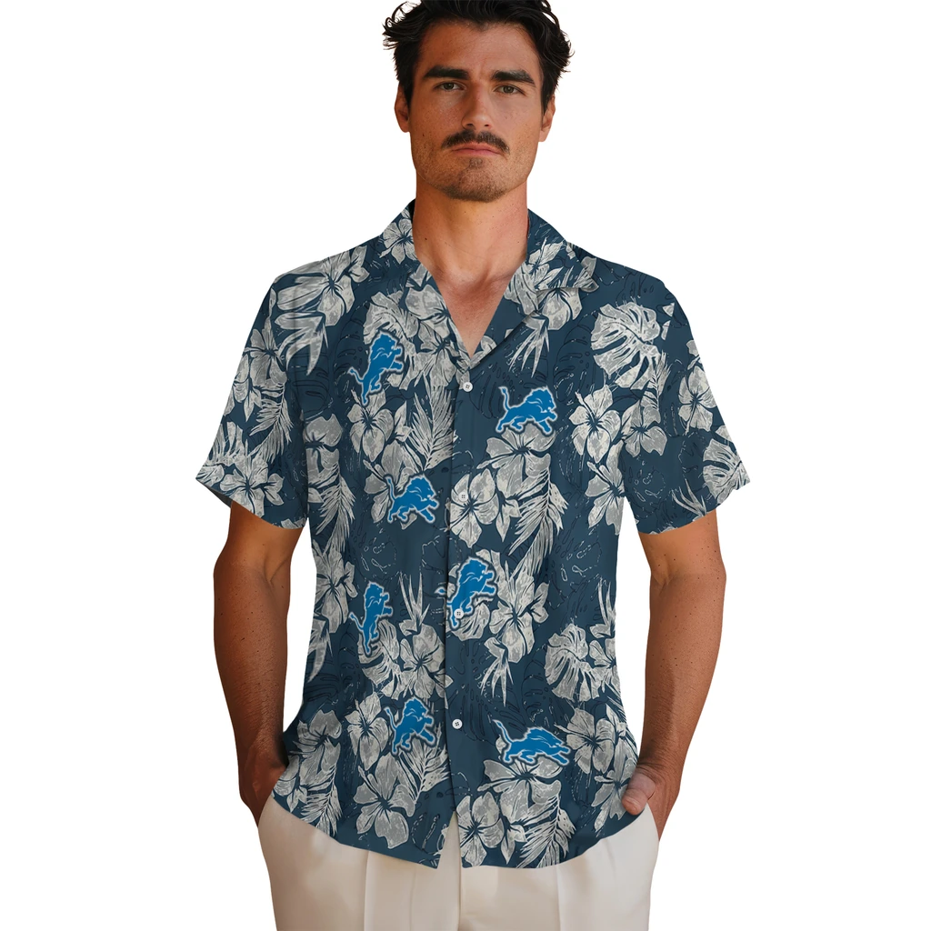 Detroit Lions Hawaiian Shirt - Hibiscus Flowers detroit lions hibiscus flowers navy blue hawaiian shirts fashion forward