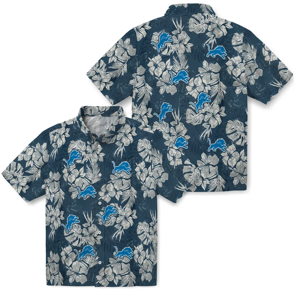 Detroit Lions Hawaiian Shirt - Hibiscus Flowers detroit lions hibiscus flowers navy blue hawaiian shirts high quality