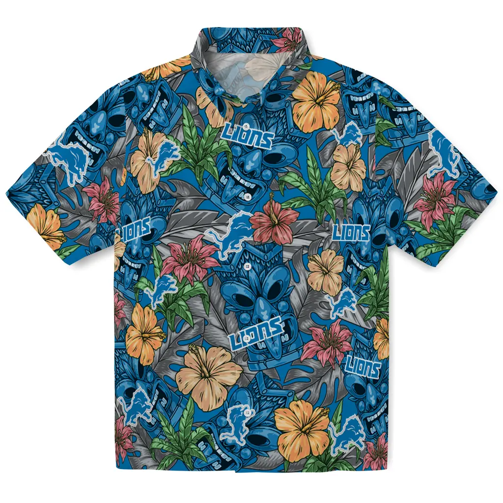 Detroit Lions Hawaiian Shirt - Hibiscus Tiki Jungle detroit lions tiki jungle blue hawaiian shirts best selling