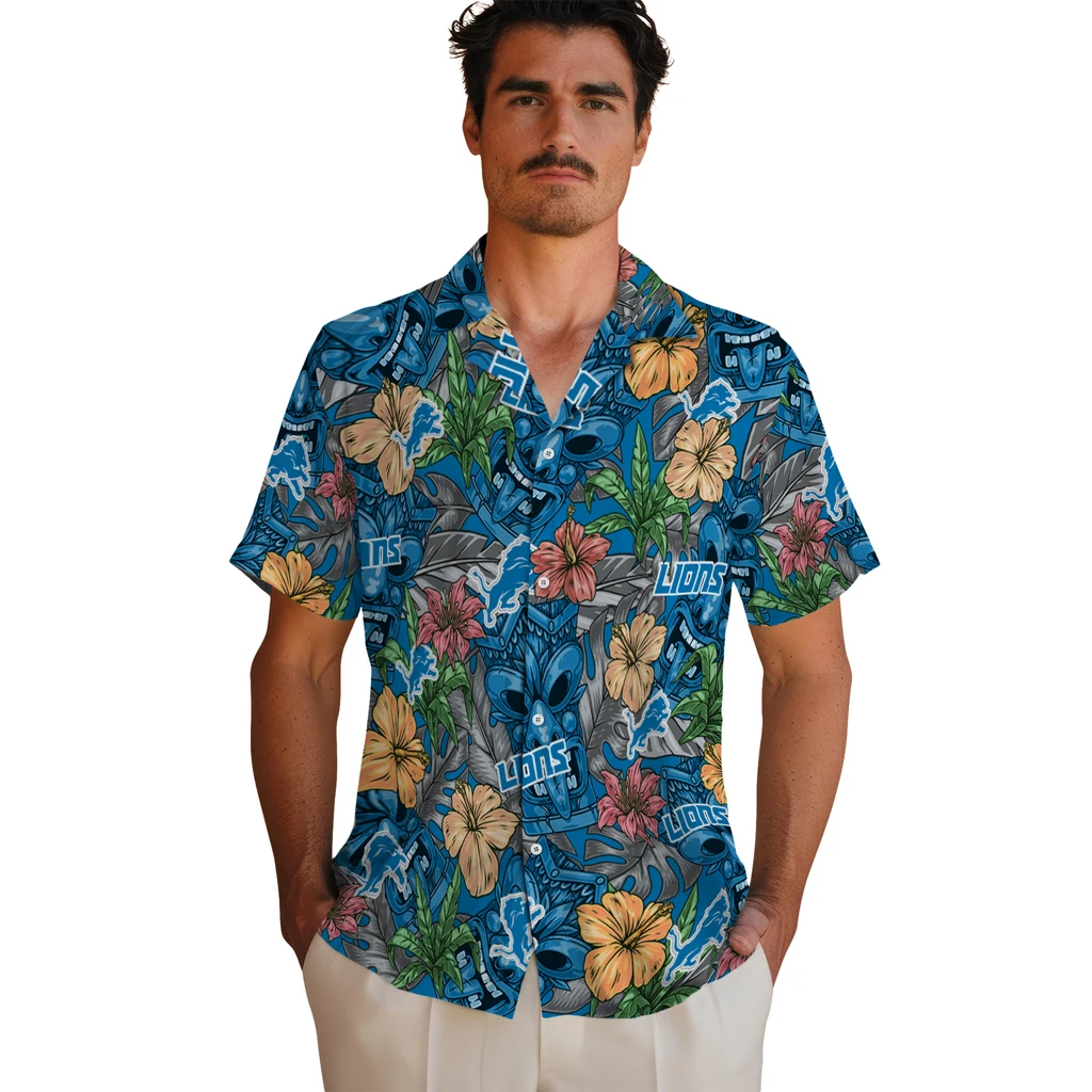 Detroit Lions Hawaiian Shirt - Hibiscus Tiki Jungle detroit lions tiki jungle blue hawaiian shirts fashion forward