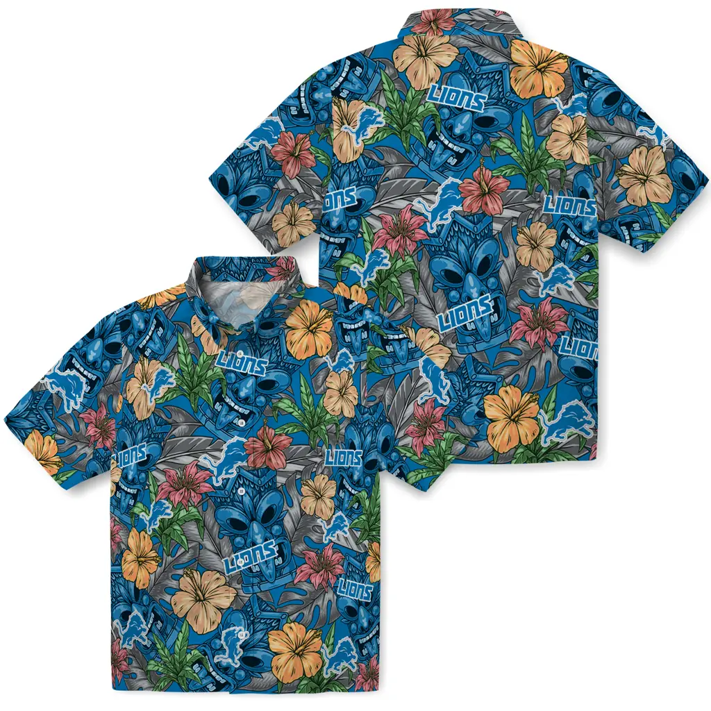 Detroit Lions Hawaiian Shirt - Hibiscus Tiki Jungle detroit lions tiki jungle blue hawaiian shirts high quality
