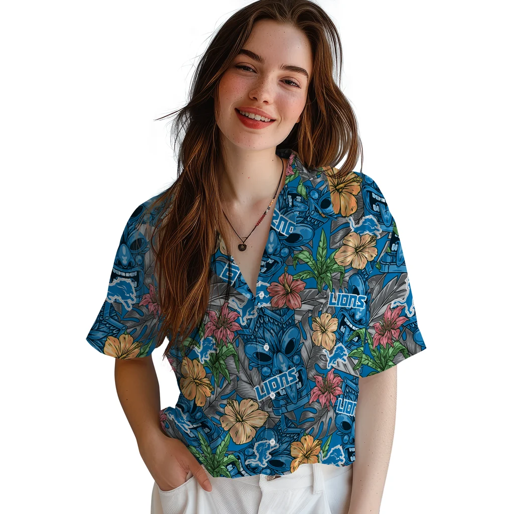 Detroit Lions Hawaiian Shirt - Hibiscus Tiki Jungle detroit lions tiki jungle blue hawaiian shirts latest model