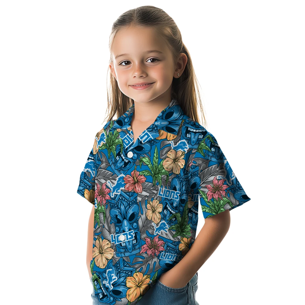 Detroit Lions Hawaiian Shirt - Hibiscus Tiki Jungle detroit lions tiki jungle blue hawaiian shirts premium grade