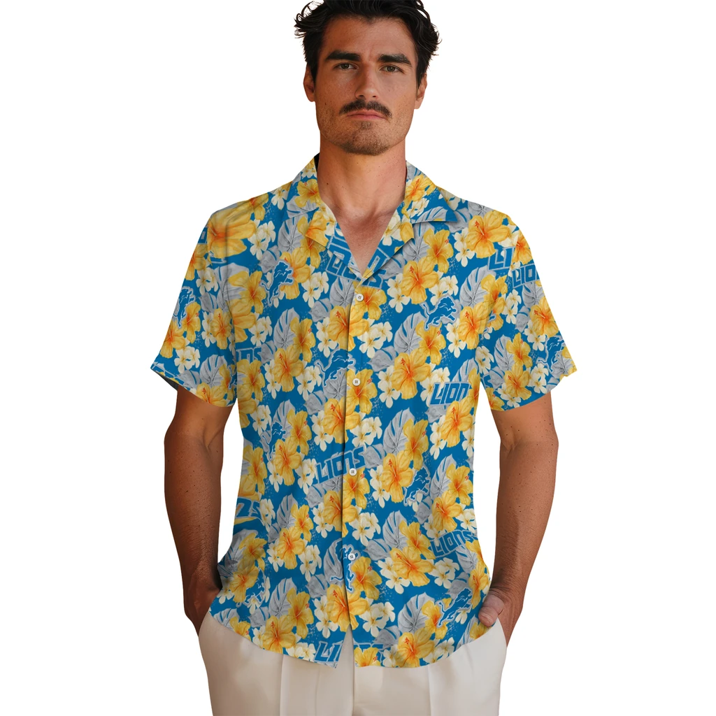 Detroit Lions Hawaiian Shirt - Hibiscus Tropics detroit lions hibiscus tropics blue yellow hawaiian shirts fashion forward