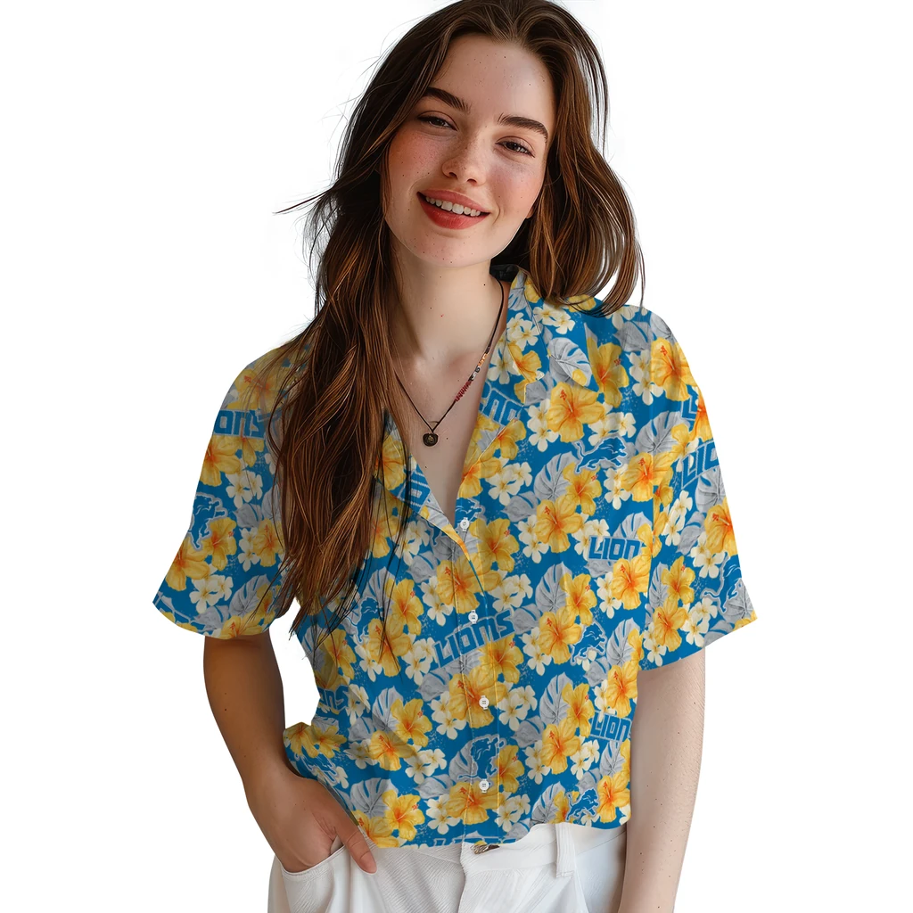 Detroit Lions Hawaiian Shirt - Hibiscus Tropics detroit lions hibiscus tropics blue yellow hawaiian shirts latest model