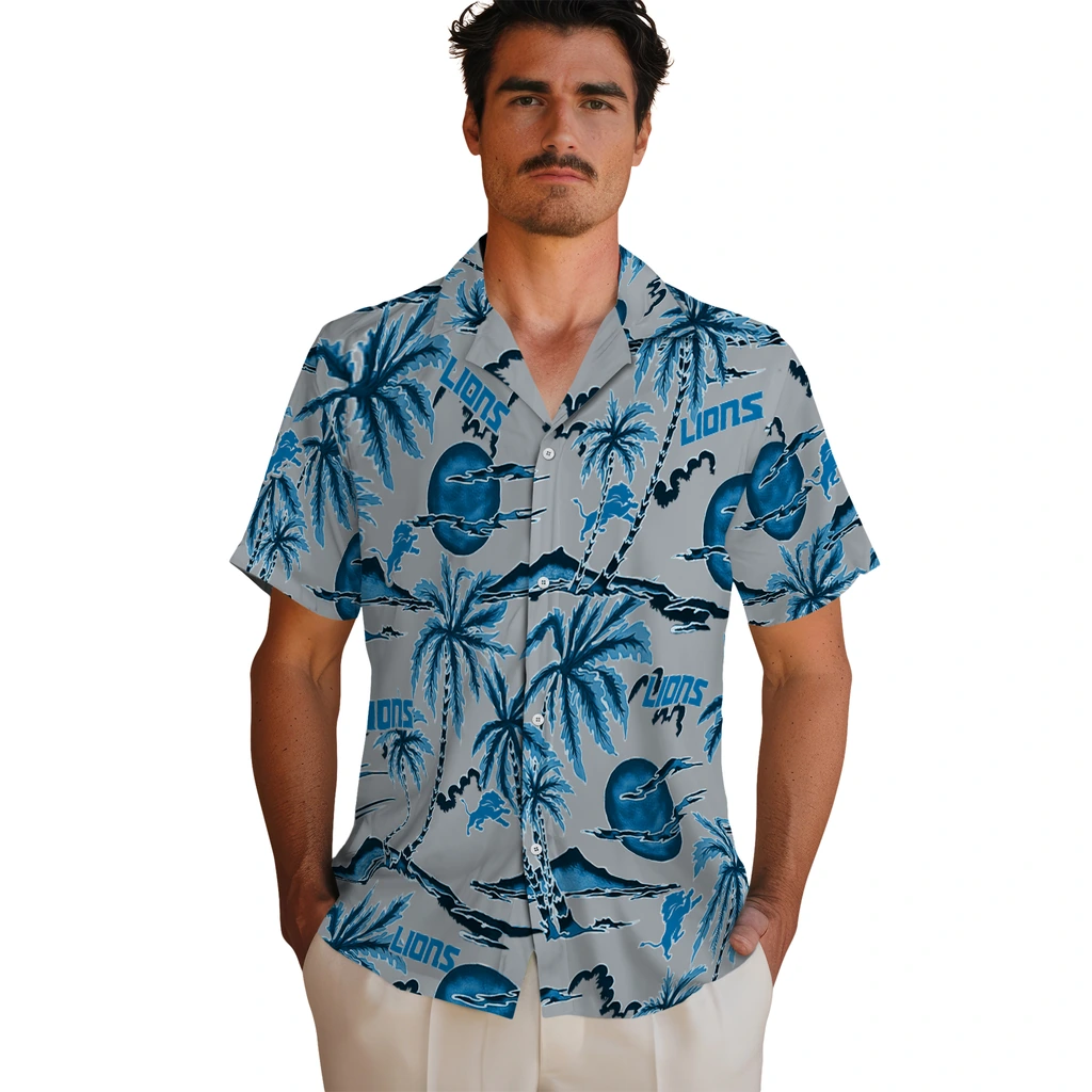 Detroit Lions Hawaiian Shirt - Palm Sunset detroit lions palm sunset hawaiian shirts fashion forward