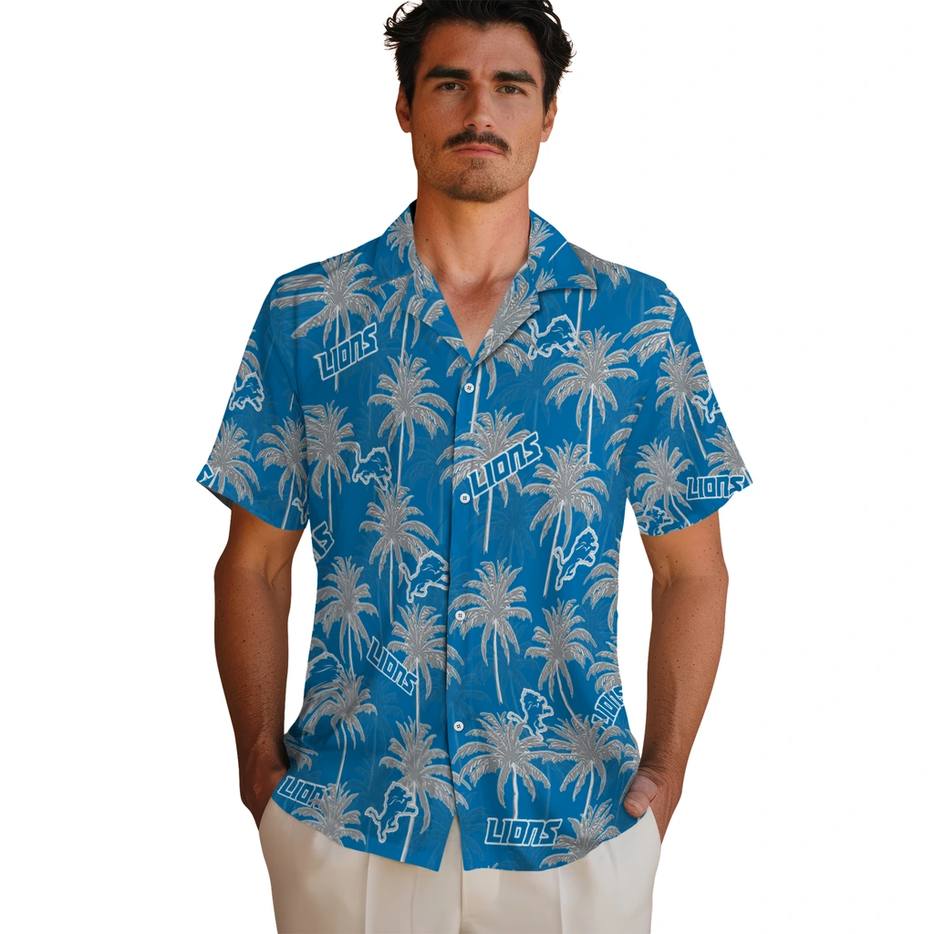 Detroit Lions Hawaiian Shirt - Palm Tree Motif detroit lions palm grove blue hawaiian shirts fashion forward