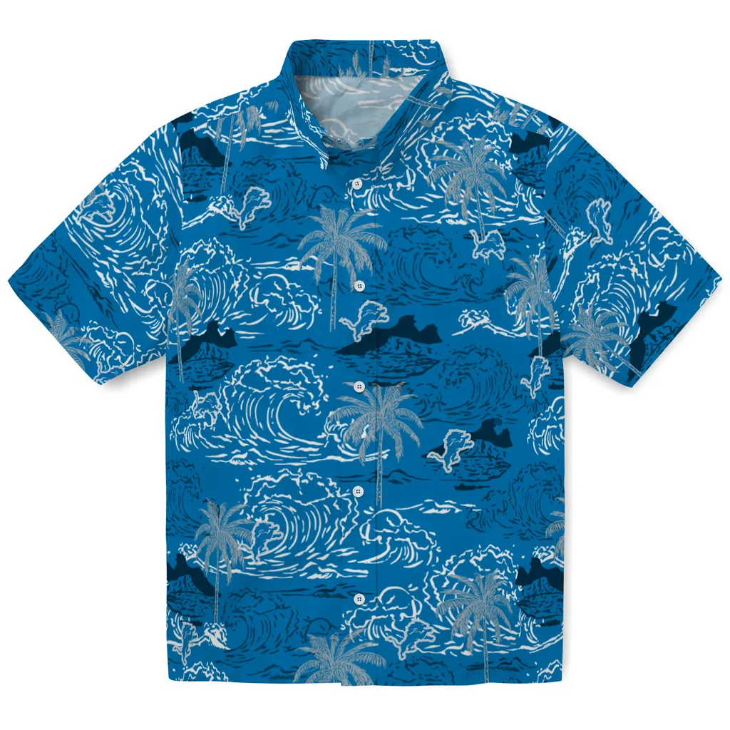 Detroit Lions Hawaiian Shirt - Wave Palm detroit lions wave palm blue hawaiian shirts best selling