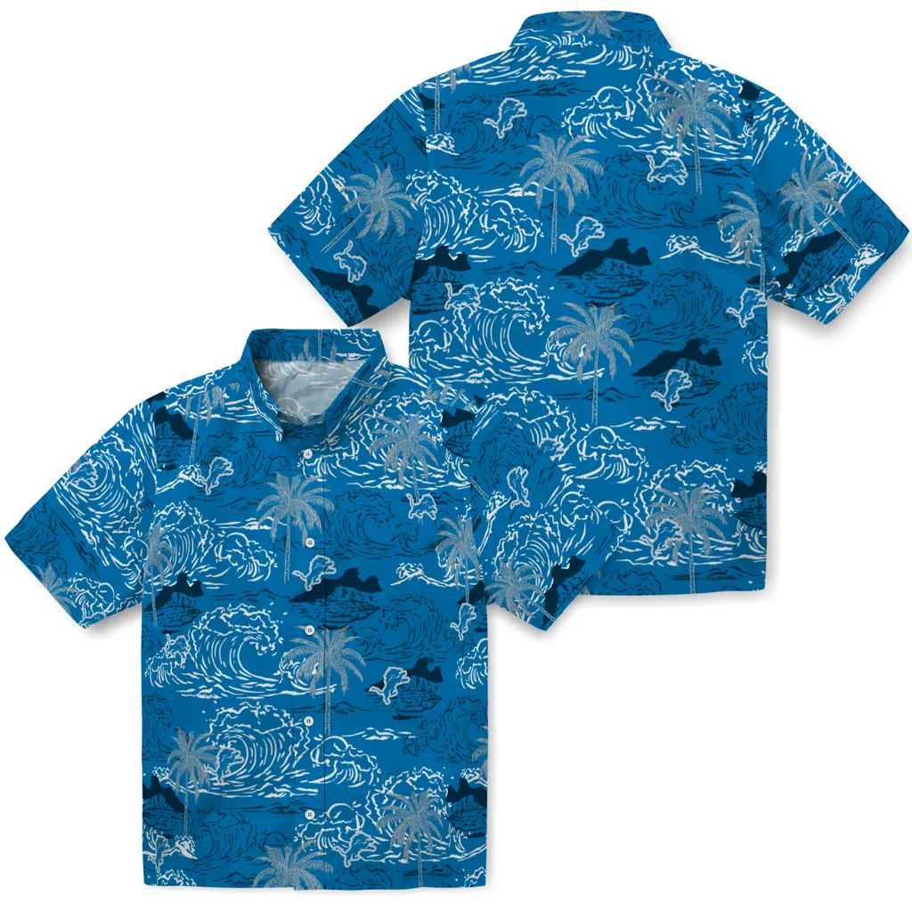 Detroit Lions Hawaiian Shirt - Wave Palm detroit lions wave palm blue hawaiian shirts high quality