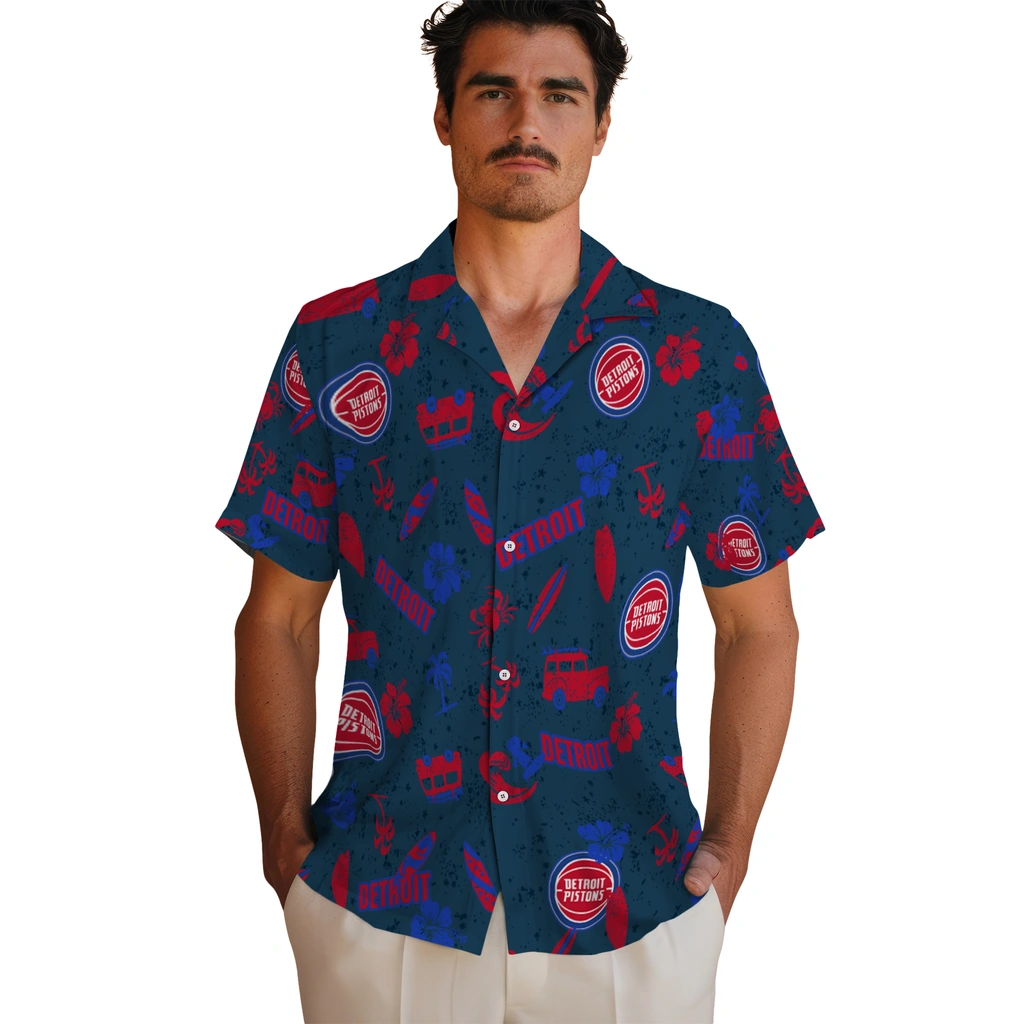 Detroit Pistons Hawaiian Shirt - Beach Vibe detroit pistons beach vibe navy hawaiian shirts fashion forward