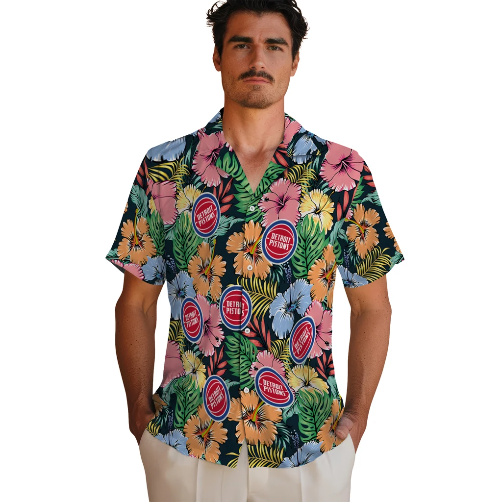 Detroit Pistons Hawaiian Shirt - Brilliant Hibiscus Garden detroit pistons brilliant hibiscus garden hawaiian shirts fashion forward