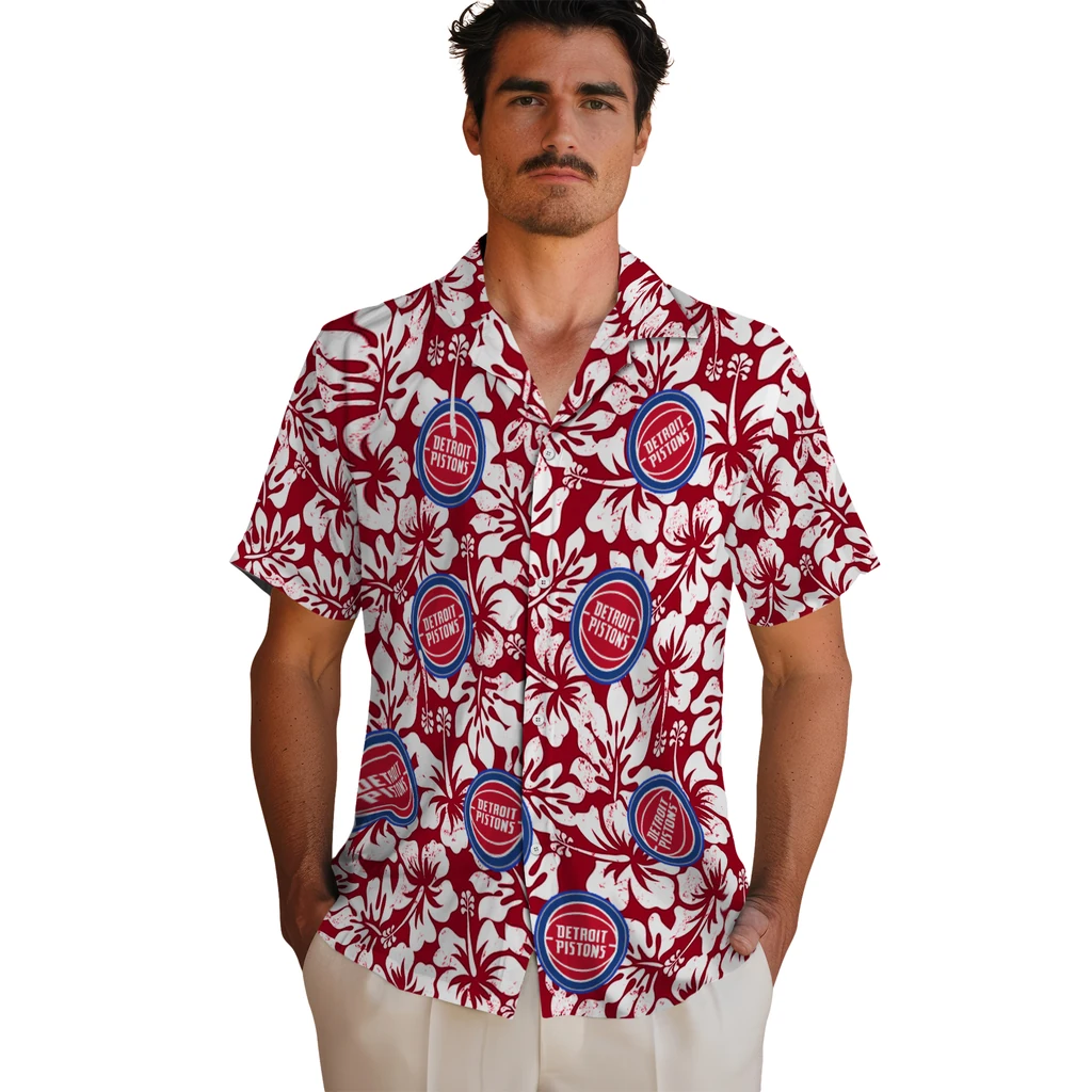 Detroit Pistons Hawaiian Shirt - Hibiscus Motif detroit pistons hibiscus motif red white hawaiian shirts fashion forward