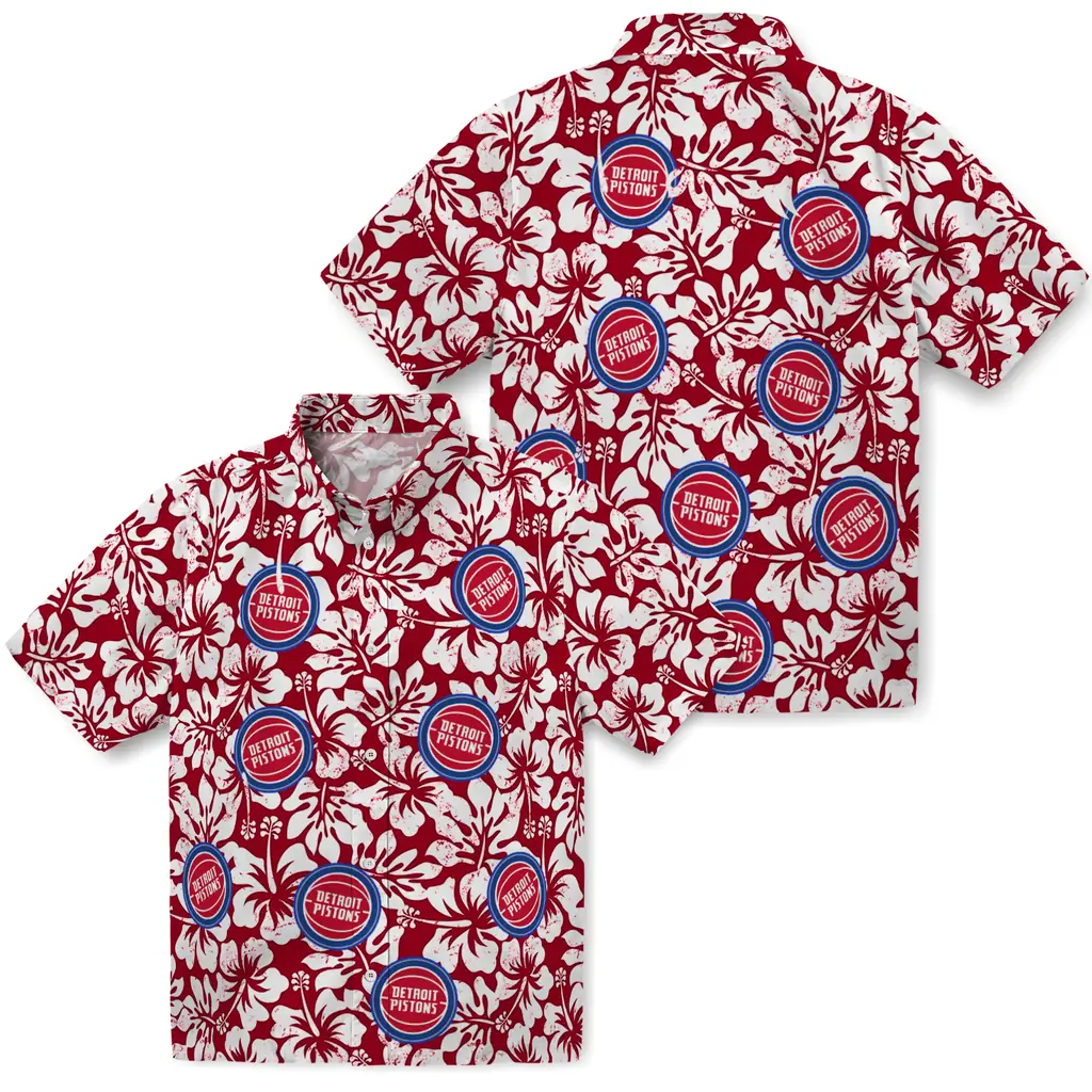 Detroit Pistons Hawaiian Shirt - Hibiscus Motif detroit pistons hibiscus motif red white hawaiian shirts high quality