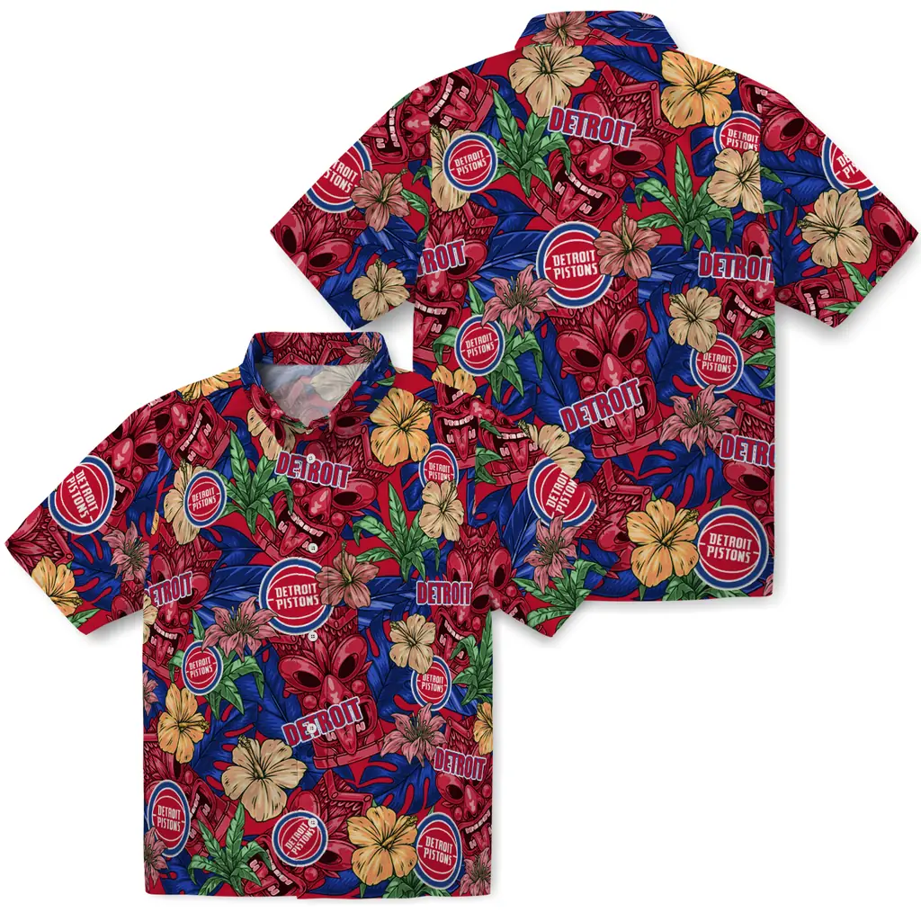 Detroit Pistons Hawaiian Shirt - Hibiscus Tiki Jungle detroit pistons tiki jungle red hawaiian shirts high quality