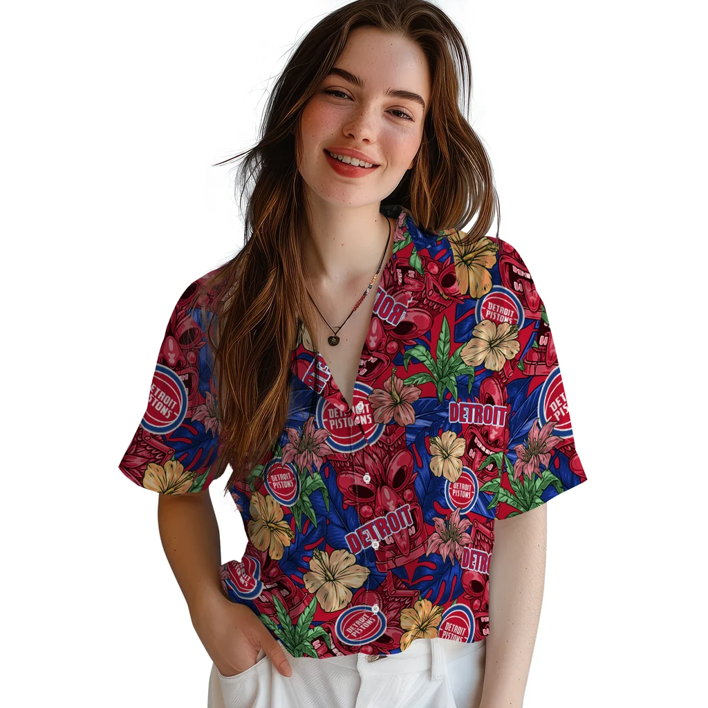 Detroit Pistons Hawaiian Shirt - Hibiscus Tiki Jungle detroit pistons tiki jungle red hawaiian shirts latest model