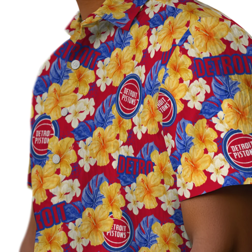 Detroit Pistons Hawaiian Shirt - Hibiscus Tropics detroit pistons hibiscus tropics red yellow hawaiian shirts trendy