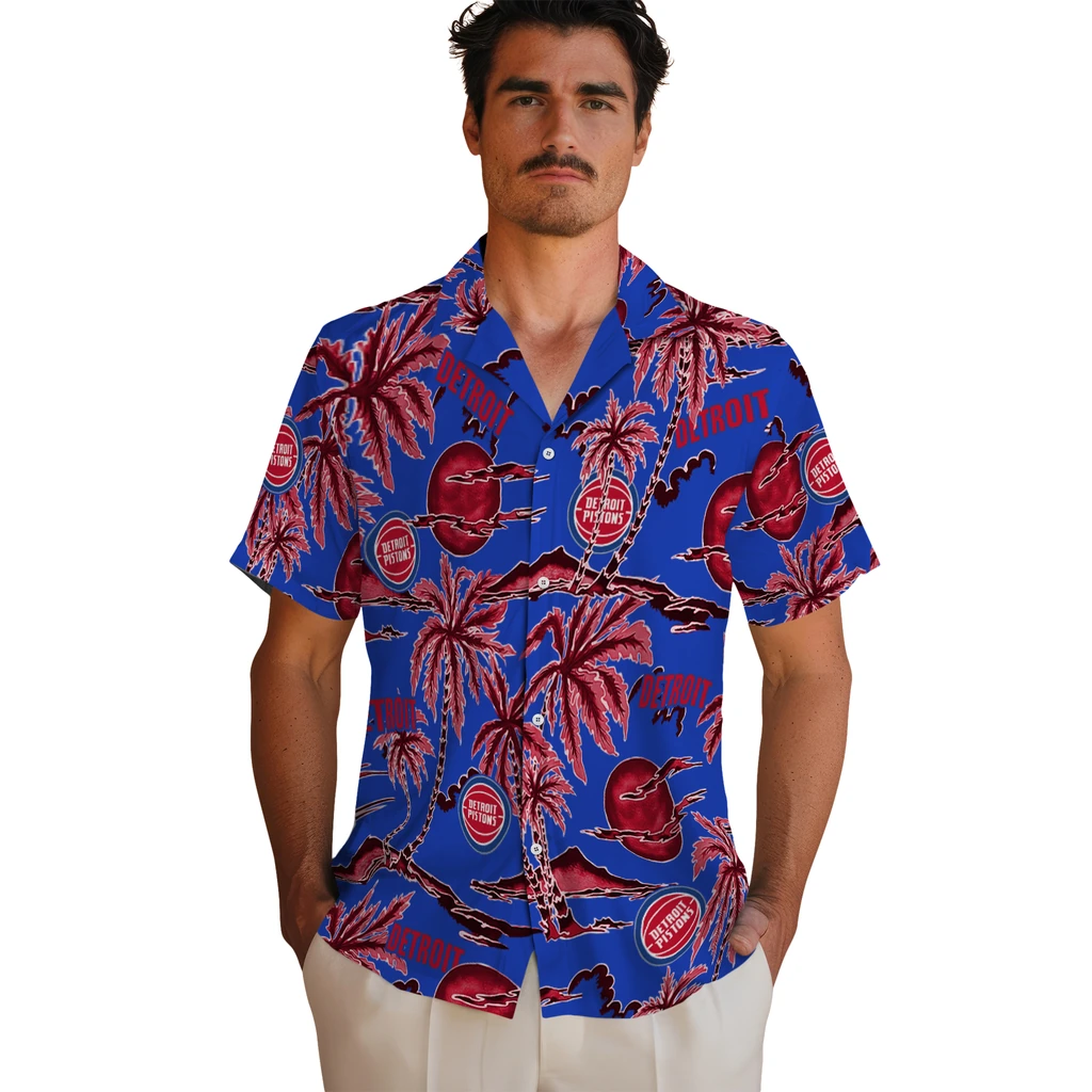 Detroit Pistons Hawaiian Shirt - Palm Sunset detroit pistons palm sunset hawaiian shirts fashion forward