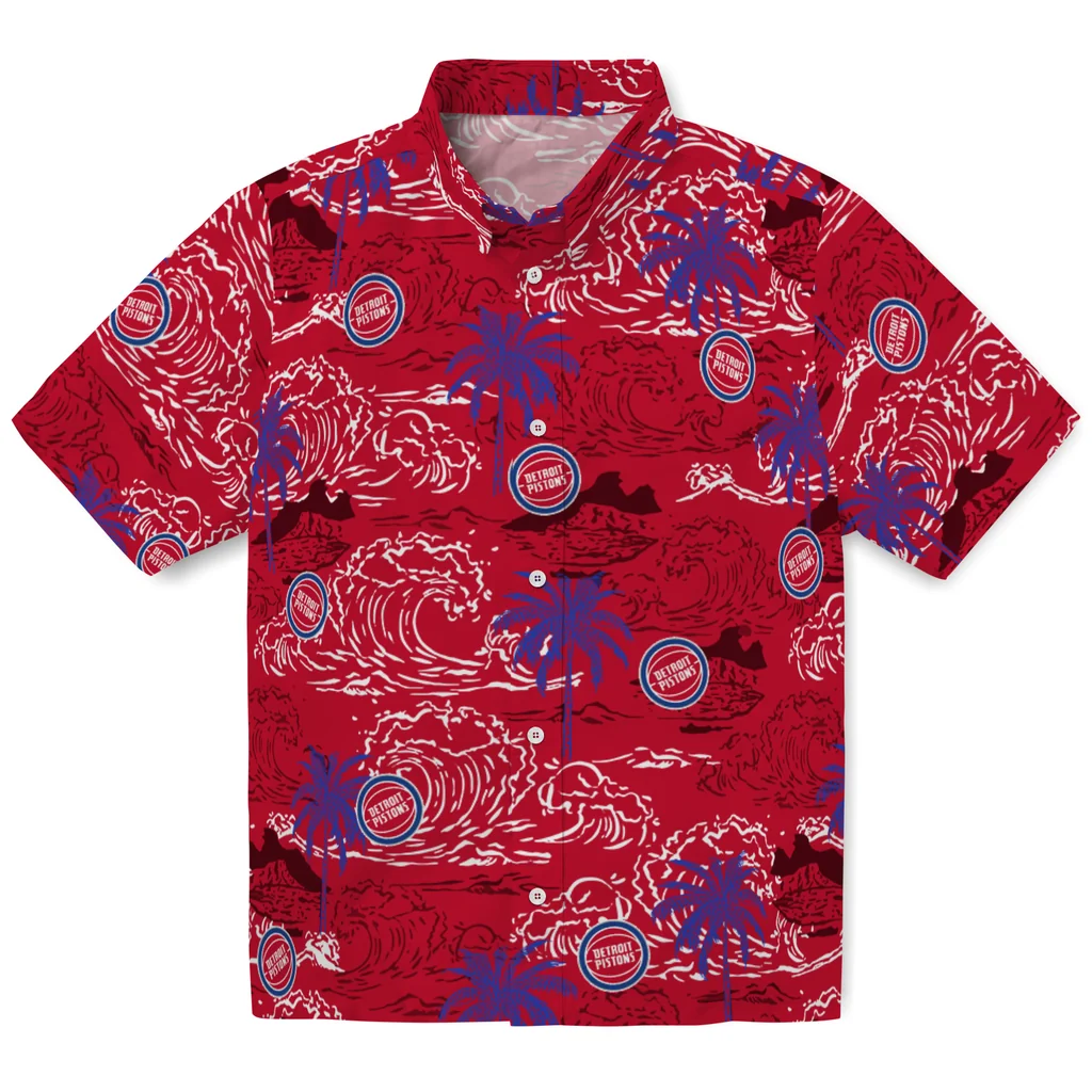 Detroit Pistons Hawaiian Shirt - Wave Palm detroit pistons wave palm red hawaiian shirts best selling