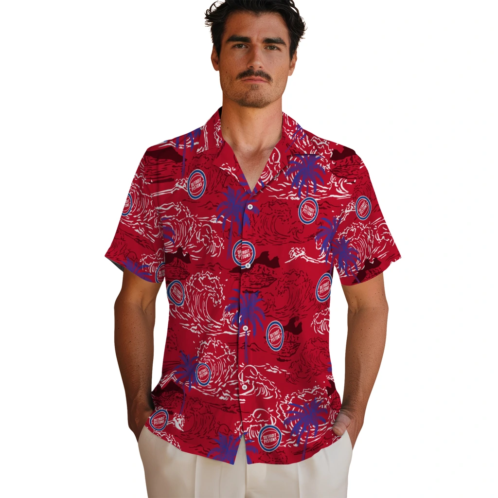 Detroit Pistons Hawaiian Shirt - Wave Palm detroit pistons wave palm red hawaiian shirts fashion forward