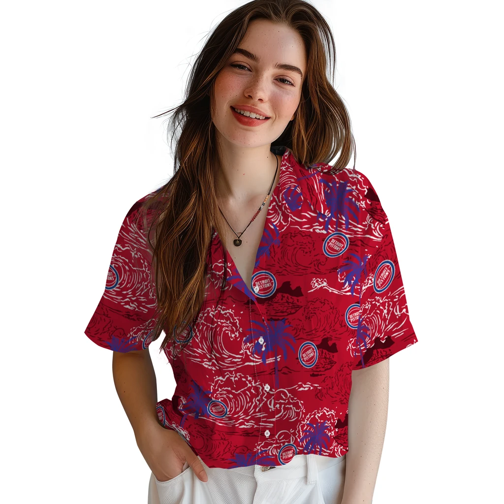 Detroit Pistons Hawaiian Shirt - Wave Palm detroit pistons wave palm red hawaiian shirts latest model