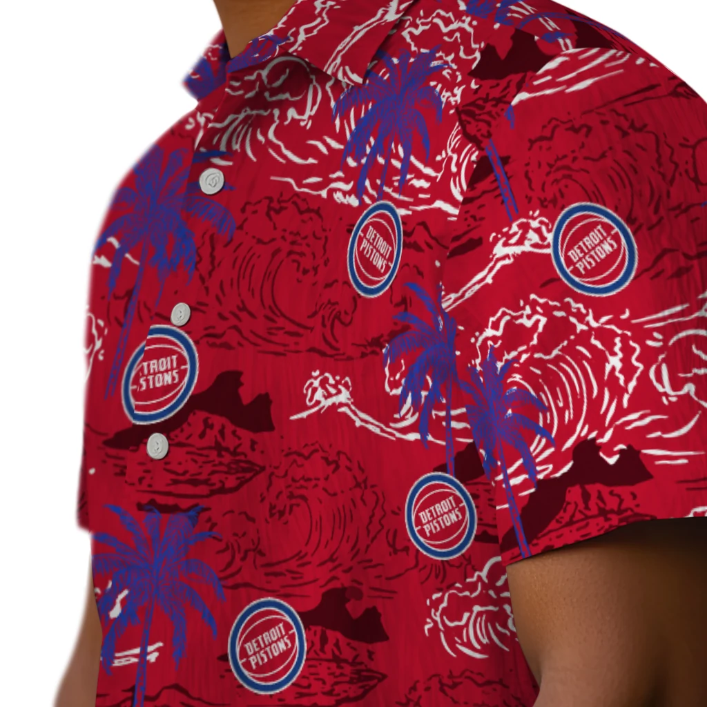 Detroit Pistons Hawaiian Shirt - Wave Palm detroit pistons wave palm red hawaiian shirts trendy