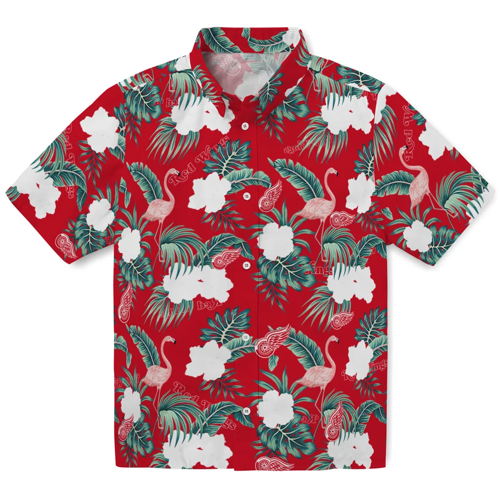 Detroit Red Wings Hawaiian Shirt - Flamingo and Hibiscus detroit red wings flamingo palms red hawaiian shirts best selling